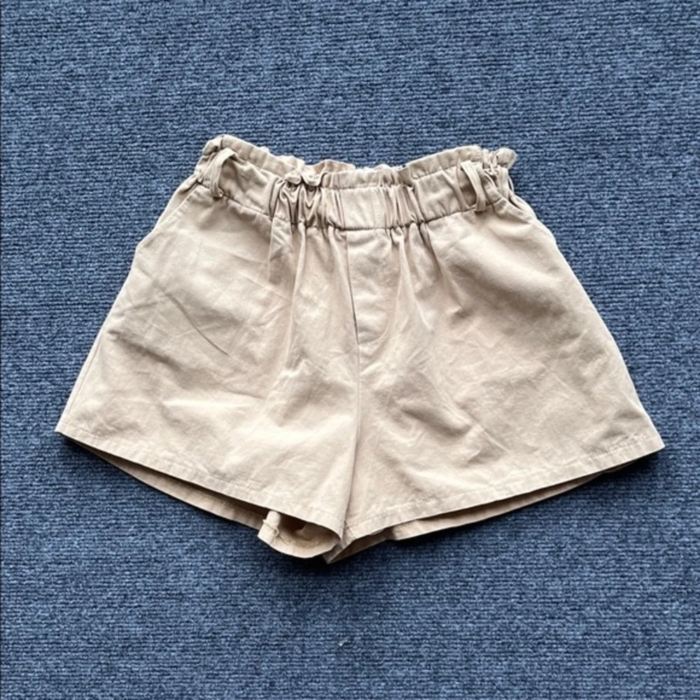 High-Waist Paperbag Shorts — Neutral Tan
